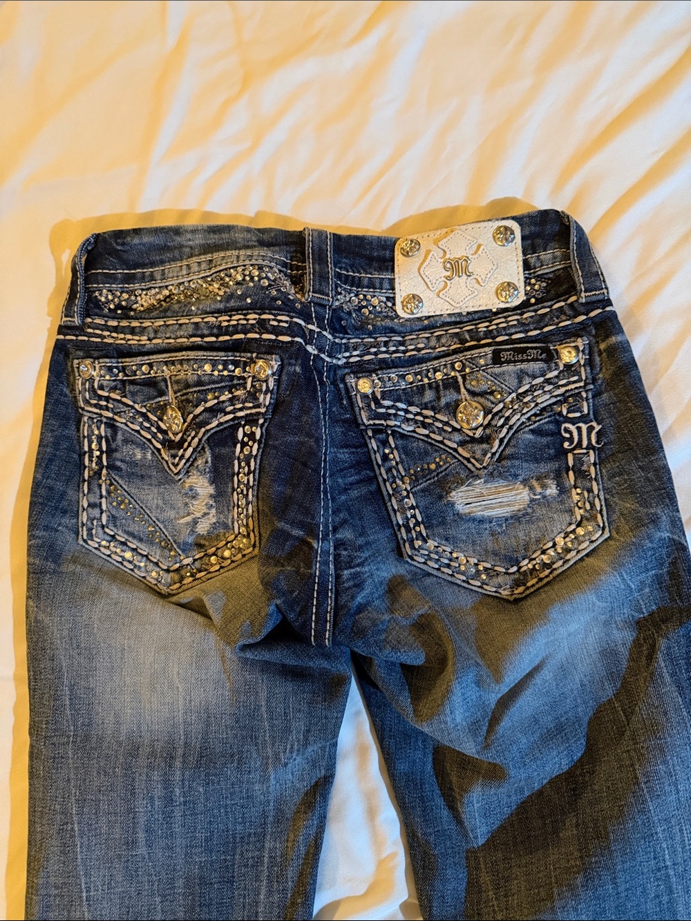 Miss Me Dark Blue Skinny Jeans with Rhinestone Embellished Pockets